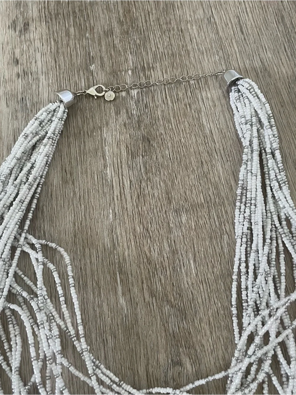 White & Silver Seed Bead Multi-Strand Statement Necklace – Layered Bib Style